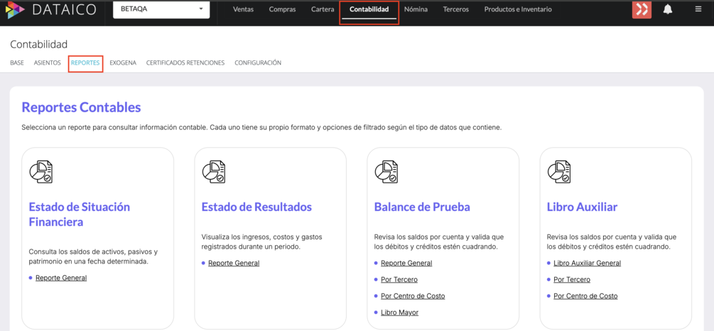 Reportes contables disponibles en Dataico